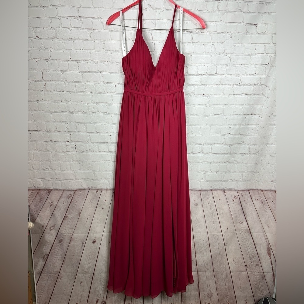 Azazie Zuma bridesmaid wedding long length v neck chiffon pleated dress, sz 4
